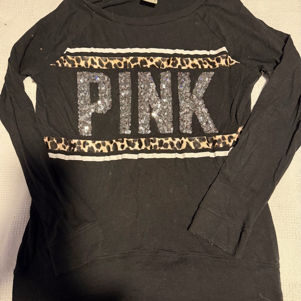 PINK Victoria's Secret Black Sequin Leopard Top